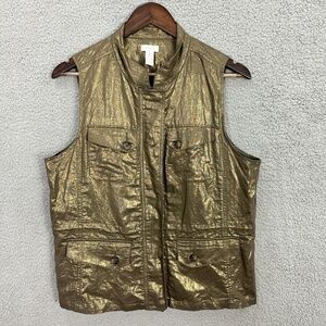 Chicos Metallic Gold Utility Vest‎ Womens 1 Medium Sleeveless Linen Blend Glam
